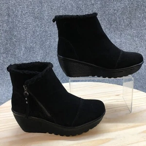 Skechers Winter Boots Womens 7 Black Leather Wedge Faux Fur Zipper 44758 - Picture 1 of 17