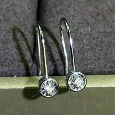 1.00Ct Round Cut Certified Lab Grown Diamond Women's Hook Earring 14K White Gold - Image 1 of 4
