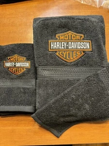 Towel Set 3pc. Bath Towel & Hand Towel Black Harley-Davidson Embroidery - Picture 1 of 5