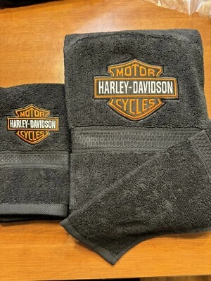Towel Set 3pc.  Bath Towel & Hand Towel  Black    Harley-Davidson Embroidery - Image 1 of 4