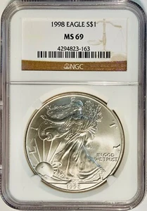 1998 MS69 NGC Silver Eagle - NGC BROWN LABEL - Spots - Bright White - Picture 1 of 2