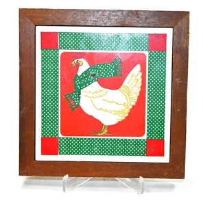 Vintage Chicken Tile Wall Art | Wood Frame | Green Scarf | 1970s Farmhouse - Picture 1 of 6