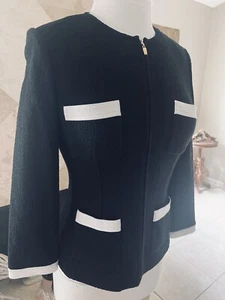 St. John Marie Gray Black White Santana Wool Blend Knit Pullover Top Designer - Picture 1 of 10
