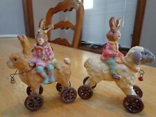 Vintage Pair Clay Rabbits Riding Bunny Lamb on Wheels Easter Ornaments