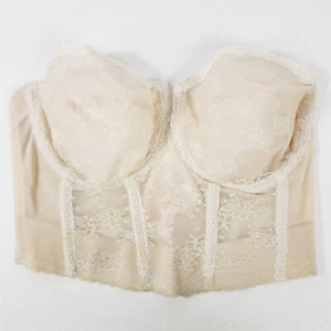 Sexy corsé de encaje vintage Back Talk beige desnudo sujetador largo sin tirantes transparente 36D - Imagen 1 de 11