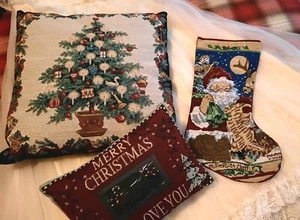 Lot Of 3 Vtg Tapestry Christmas Throw Pillows And Stocking Victorian Decor - Picture 1 of 6