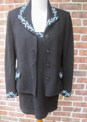 Traje de Noche St John Negro Tejido Azul Apliques Mini Vestido Talla 6 Chaqueta Talla 10 Foto 1 de 4