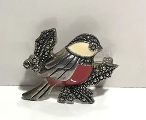 Vintage 925 Sterling Silver Enamel & Marcasite Bird Brooch - Picture 1 of 11