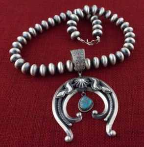 Sterling Silver Bead Necklace With Natural Royston Turquoise Naja - Picture 1 of 4