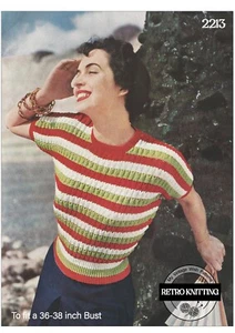1950's Rockabilly Style Striped Sweater Knitting Pattern Bust 36-38 - Picture 1 of 2