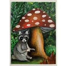 ACEO ORIGINAL PAINTING Mini Collectible Art Card Animal Racoon And The Mushroom
