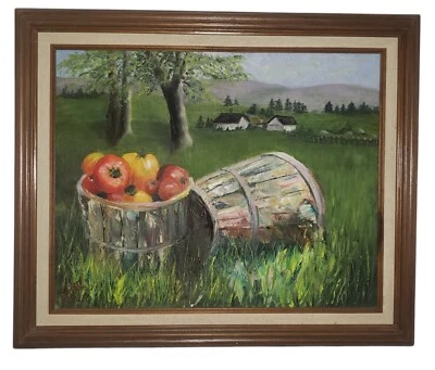 Bonita pintura de granja cosecha tomate al óleo sobre lienzo original vintage de Linda Aptt Foto 1 de 4