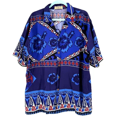 Vintage Check It Out Floral Tribal Hawaiian Shirt Mens XL Blue Luau Beach Resort - Image 1 of 4