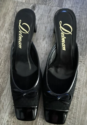 delman 7.5 N Shoes Black Fabric & Patent Leather Heels Mules New Women’s - Image 1 of 4