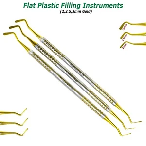 Juego de 3 instrumentos de relleno dentales planos de plástico compuesto puntas doradas restauración - Imagen 1 de 4