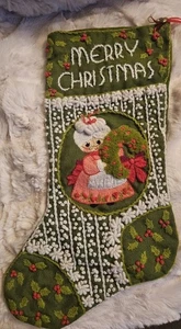 Medias de Navidad bordadas crewel de colección años 70 señora Claus verde lana hecha a mano - Imagen 1 de 10