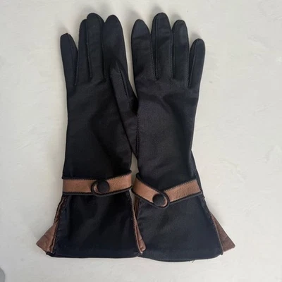 复古女式礼服手套黑色棕色装饰 M 码缎面外观复古正式 — 第 1/4 张图片