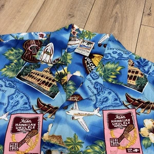 Vintage An Original Hawaiian Togs Shirt Large Blue Pacific Air Ukulele Volcano - Bild 1 von 7