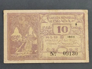 PORTUGAL EMERGENCY PAPER MONEY CAMARA MUNICIPAL DE BRAGA 10 CENTAVOS Notgeld - Picture 1 of 4