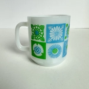 Vintage Milk Glass Stacking Coffee Mug Blue Green Floral - Picture 1 of 6