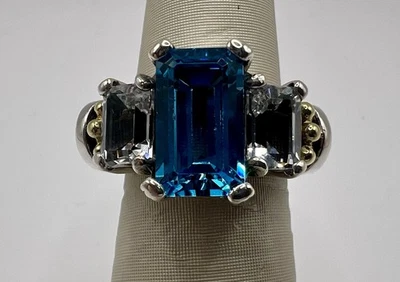 Lagos Blue Topaz Glacier Caviar Sterling Silver 18k Yellow Gold Ring Size 6 - Image 1 of 4