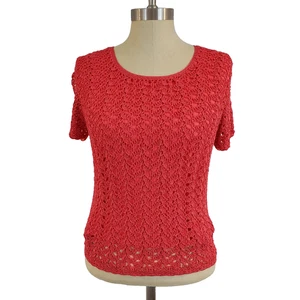 Blusa Emma James Tejida Abierta Crochet M Playa Boho Viaje Preppy Coral Rojo - Imagen 1 de 10