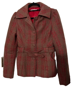 Warm Tulle Red Plaid Jacket Coat with Bow Belt Fully Lined Brown SMALL Pockets - Picture 1 of 7
