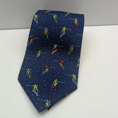 Alynn Neckwear "Downhill' Silk Neck Tie Skiing Snow Blue w/ Colorful Skiers - Image 1 of 4
