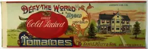 Original Vintage Can Label Defy The World Tomatoes Sam Kelty & Son Quinton, N. J - Picture 1 of 3
