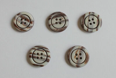 Set 5 Vintage Buttons Brown Ivory Striped 4-Hole Flat Rim 3/4" Nice Quality - Image 1 of 4