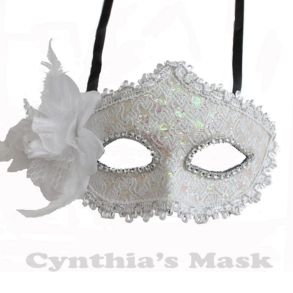 White Floral Venetian Masquerade Mask w/Rhinestones and Glitter Party Prom - Image 1 of 1
