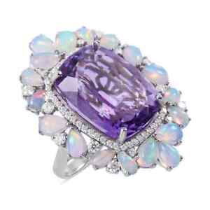 925 Silver Platinum Plated Natural Amethyst Opal Cocktail Ring Size 6 Ct 23.9