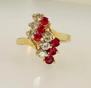 VTG 14K YELLOW GOLD RUBY AND DIAMONDS CLUSTER WATERFALL COCKTAIL RING SIZE 2.25 - Picture 1 of 10