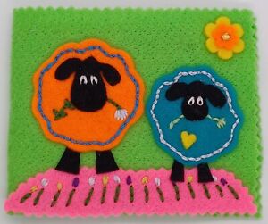 Felt Needle Case, handmade with two cute sheep, with flowered detail embroidered