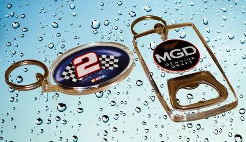 Vintage Rusty Wallace and MGD 2 Key Chains Bottle opener Very good shape acrylic Cover