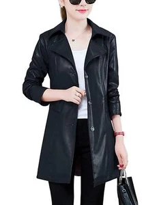 Jenkoon Women Notch Lapel Faux Leather Long Coat Jacket Single Breasted Trench - Picture 1 of 6