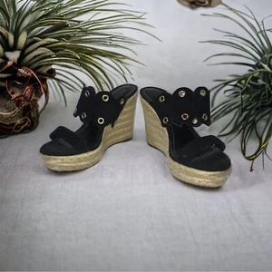 CHARLES DAVID Black Suede Grommets Slip-on Platform Espadrilles Wedge Sandal 9 - Picture 1 of 4