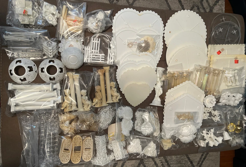 Vtg Wedding Cake Decor Mix Lot 200+Pc Trays Columns Topper Bells Decor 70’s-80’s - Image 1 of 4