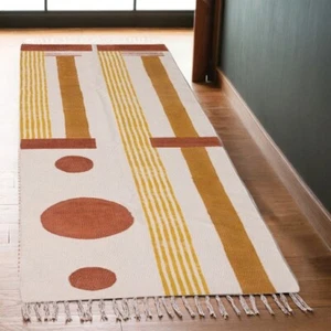 Yellow Striped Cotton Dhurrie, Cotton Kilim Moroccan Rug, Cotton Runner Area - Picture 1 of 12