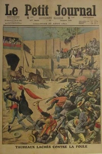 ESPAGNE TAUREAUX ÉMEUTE PUBLIC CORRIDA / ATTAQUE LION GRAVURE PETIT JOURNAL 1911 - Picture 1 of 2