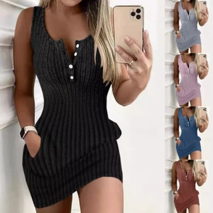 Womens Casual Knit Sleeveless Tank Dress Pockets Solid Round Neck Mini Dresses - Picture 1 of 33