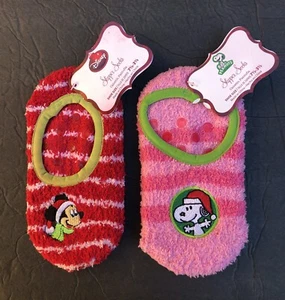 Christmas Girls S/M 7.5-3.5 Footie Slipper Socks 2pr Mickey Mouse + Santa Snoopy - Picture 1 of 2