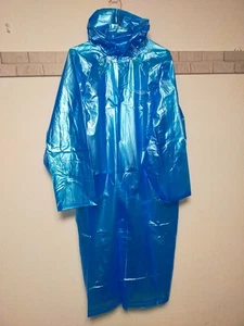 pearl shiny blue color longcoat PVC vinyl rainwear hooded jacket air valve - Picture 1 of 8