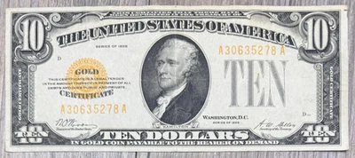 1928 $10 Gold Certificate Yellow Seal FR# 2400,  VF+/XF Note - Image 1 of 4