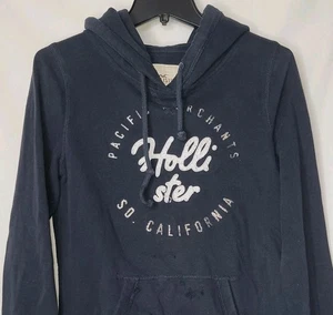 Vtg Y2K Hollister Hoodie Womens Sz L Blue Navy Big Logo Sweatshirt Spellout - Picture 1 of 9