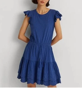 Abito donna Lauren Ralph Lauren 4 occhielli blu jersey vita bassa etichetta nera - Foto 1 di 8