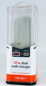 Ventev 27W Dual Wall Charger, 2 Ports USB-C 15W & USB-A 12W Fast Charging - Gray - Picture 1 of 2