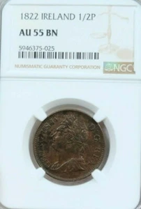 1822 IRELAND 1/2 PENNY GEORGE III IRISH HARP NGC AU 55 BN HIGH GRADE GREAT COIN - Picture 1 of 5