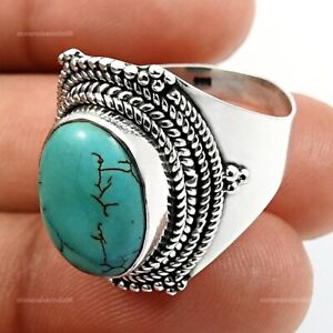Gift For Her Natural Turquoise Solitaire Bohemian Ring Size 9 925 Silver Q1