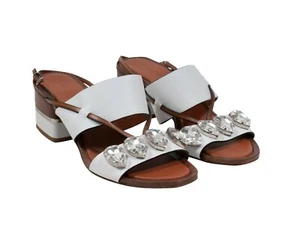 Roberto Cavalli Sandals US7 37 White Brown Leather Crystal Embellished Open Toe - Picture 1 of 8